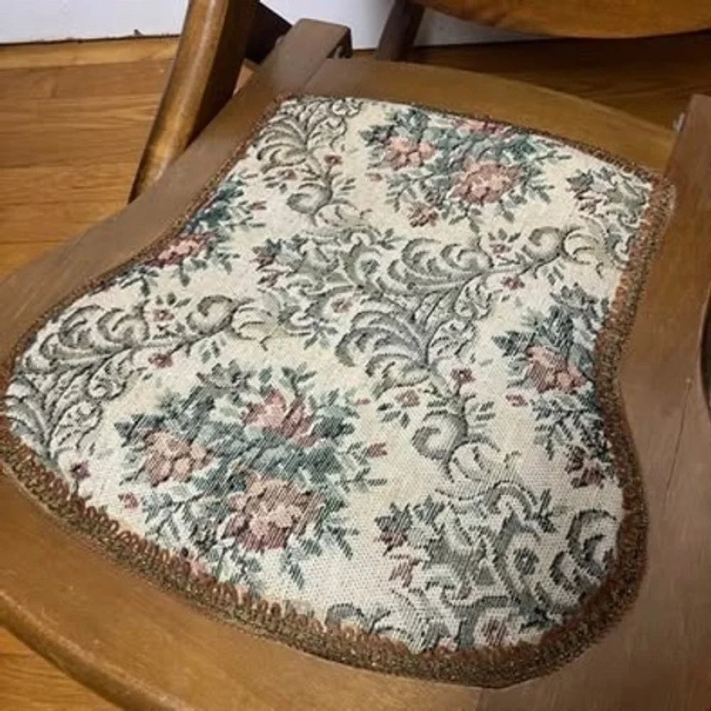 Vintage Folding Rocking Chair Wood Carved Floral Tapestry Upholstered Portable